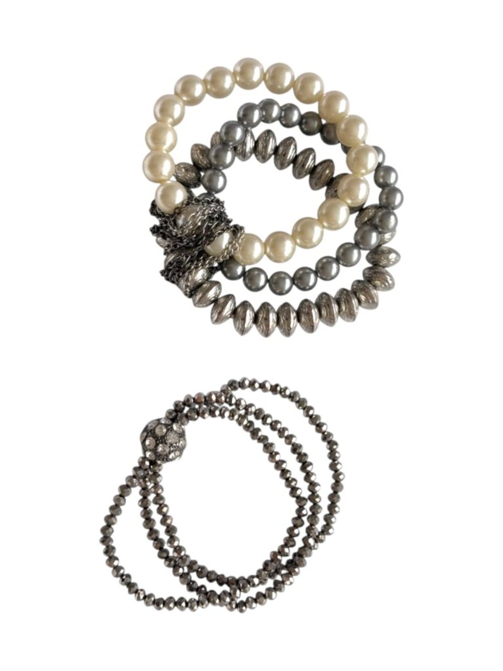 Elegant Beaded Bracelet Set – Pearl & Metallic Accents | Set of 2 / Like New